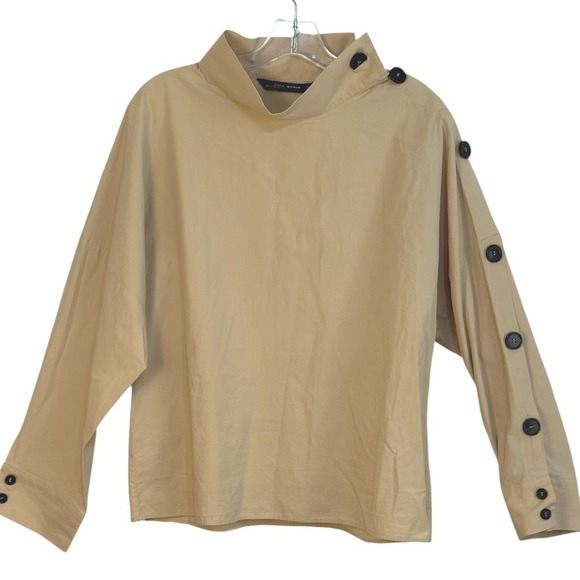 ZARA WOMAN Mock Neck Boxy Blouse Long Sleeve Button Minimalist Top Tan M - Picture 1 of 3